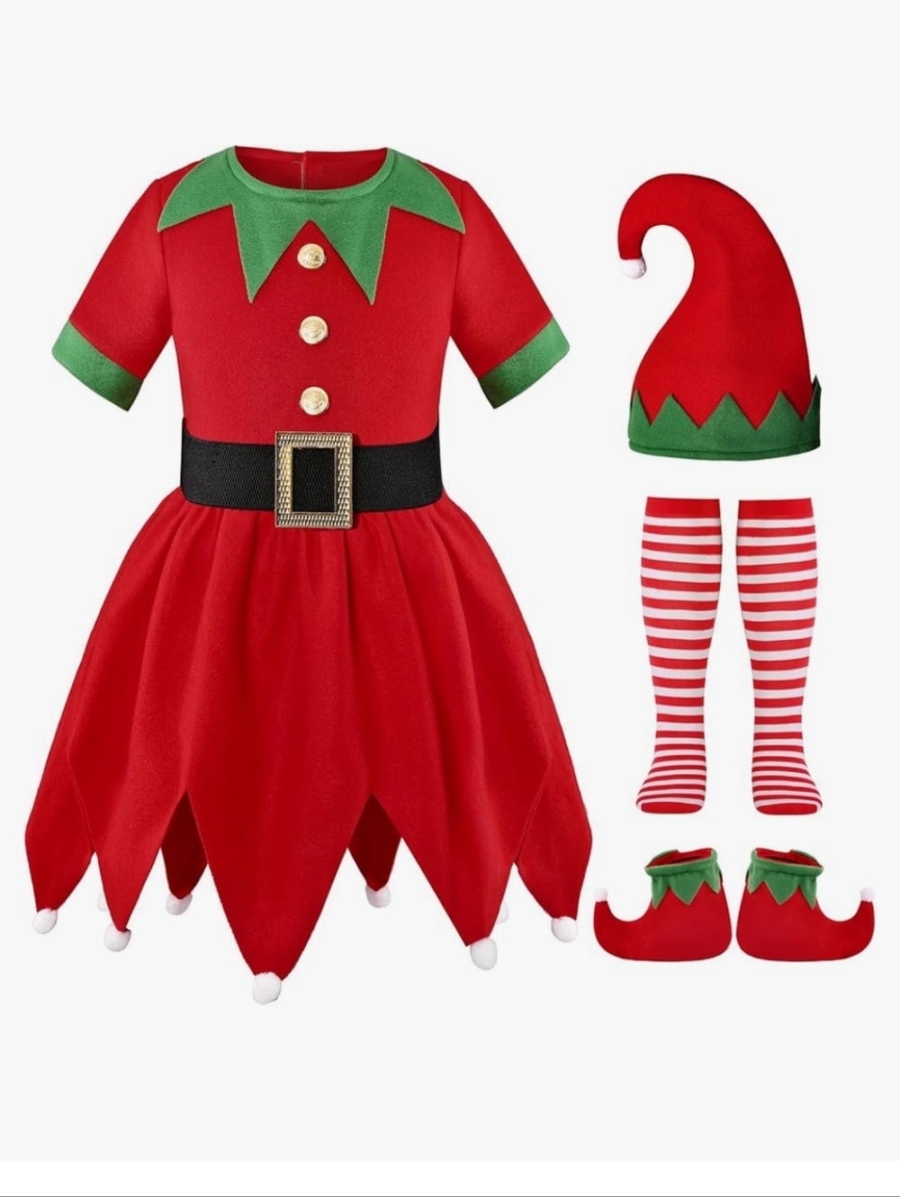 New Girls Red & Green Elf Costume Dress with Hat and Accessories